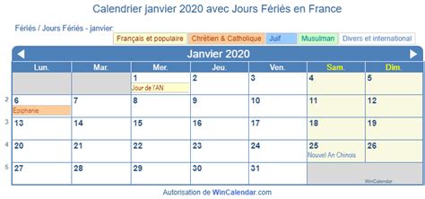 France Calendrier Pour Limpression Janvier 2020