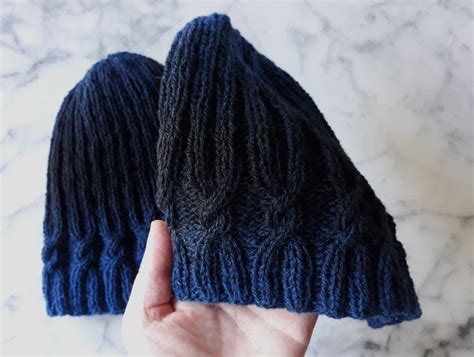 Cable Knit Beanie Wool Handknit Hat In Blue Black Fade Yarn Etsy