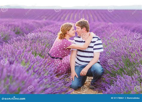 Romantic Couple In Love In Lavender Fields In Provence France Stock