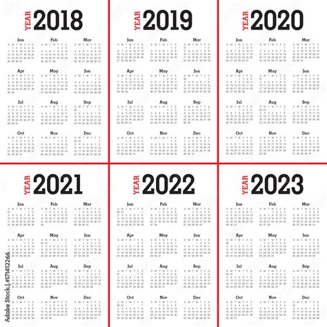 Year 2018 2019 2020 2021 2022 2023 Calendar Vector Stock Vector Adobe