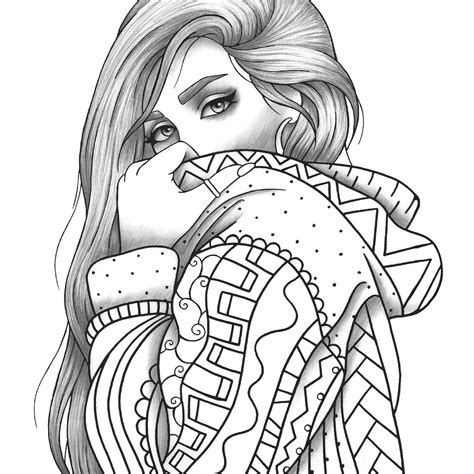A Drawing Of A Woman With Long Hair Wearing A Sweater And Holding Her