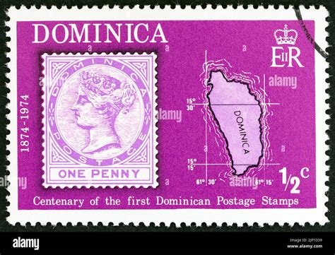 Dominica Circa 1974 A Stamp Printed In Dominica Shows Dominica One Penny Stamp Of 1874 And