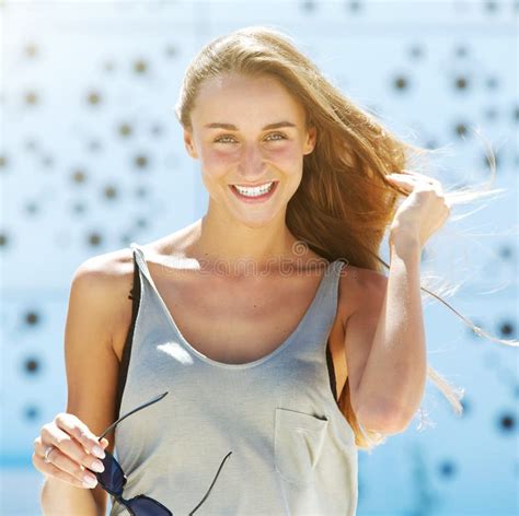 Cheerful Young Woman Smiling Outside Stock Photo Image Of Cheerful