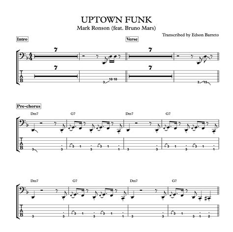 Uptown Funk Mark Ronson Feat Bruno Mars Bass Transcription Score