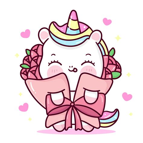 Cute Unicorn Vector In Rose Bouquet With Heart Pony Cartoon Kawaii