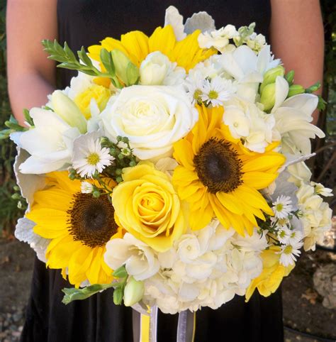 Yellow Gray And White Wedding Sunflowers Hydrangea Roses Freesia