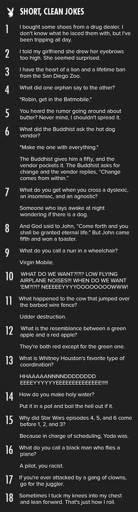 Jokes come in all shapes and sizes, from the ones that require a lot of setup and a health attention span to the quick zingers that you can shoot off without thinking. Short clean jokes from Playboy - Wititudes