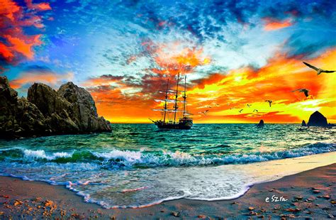 Cabo San Lucas Fantasy Pirate Ship Sailing Sunset Photograph By Eszra Tanner