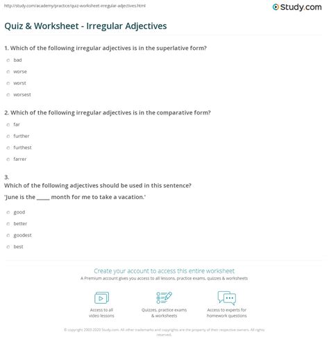 Quiz And Worksheet Irregular Adjectives