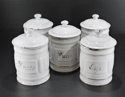 French Antique Enamel Kitchen Canister Set White And Gold With Lid Set Of 6