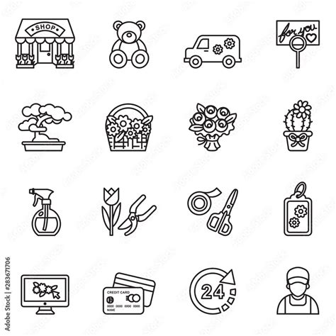 Florist Flower Shop And Delivery Icon Set With White Background Thin