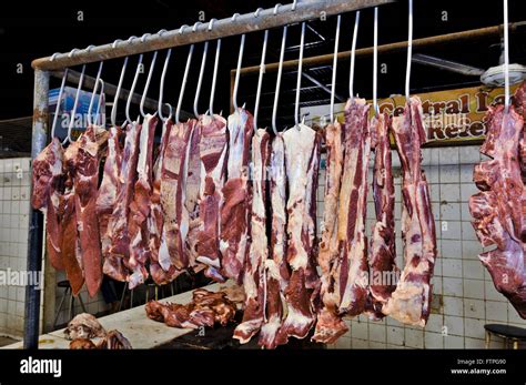 Meat Hanging Sale At City Market The Rough Region Stock Photo Alamy
