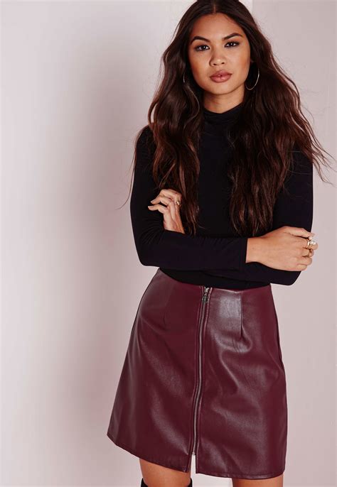 missguided zip front faux leather a line skirt burgundy in red lyst