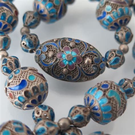 Vintage Chinese Silver Plated Filigree Enamel Flower Bead Necklace