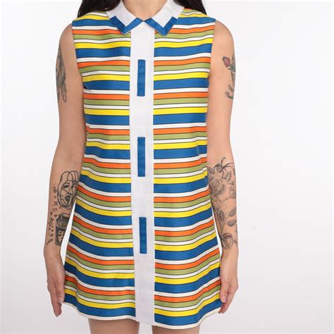 micro mini dress 70s mod striped print shift boho tunic top hippie vintage 1970s bohemian blue