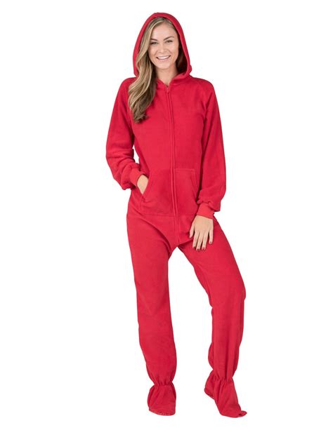 Bright Red Hoodie One Piece Adult Hooded Footed Pajamas One Piece Hooded Pjs Adult Hooded