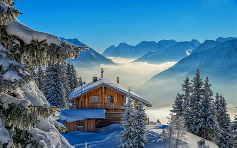 Cabin In The Winter Mountains Hd Wallpaper Background