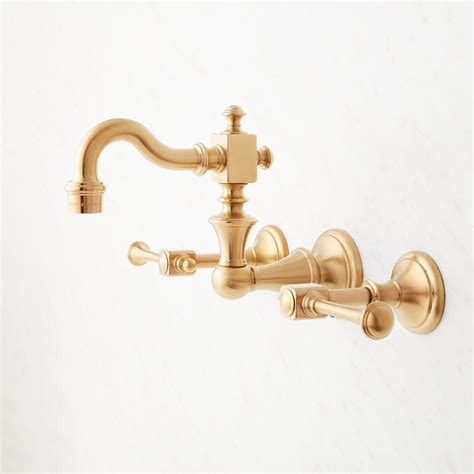 Vintage Wall Mount Bathroom Faucet Lever Handles Brushed Gold 350