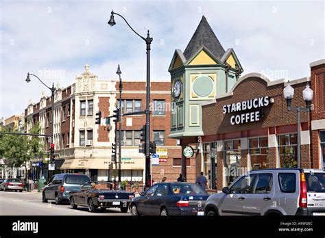 STREET SCENE Chicago Illinois Starbucks coffee shop on Lincoln Avenue