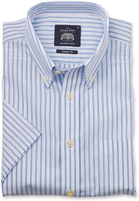 Savile Row Mens White Sky Blue Stripe Classic Fit Short Sleeve Button