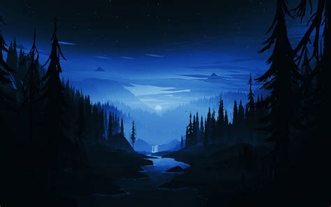 Download Dark Night River Forest Minimal Art 1440x900 Wallpaper