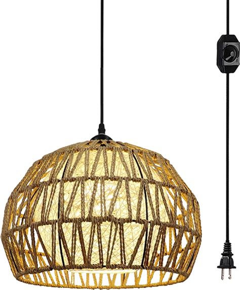 Hanging Swag Ceiling Lamp Twine Natural Rattan Lampshade No Wiring