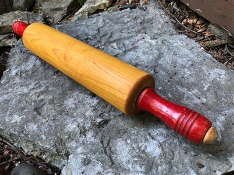 Vintage Wood Rolling Pin Red Handles Rustic Farmhouse Kitchen Decor