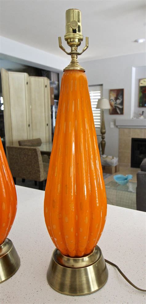 Pair Murano Orange And Controlled Bubbles Glass Table Lamp For Sale At 1stdibs