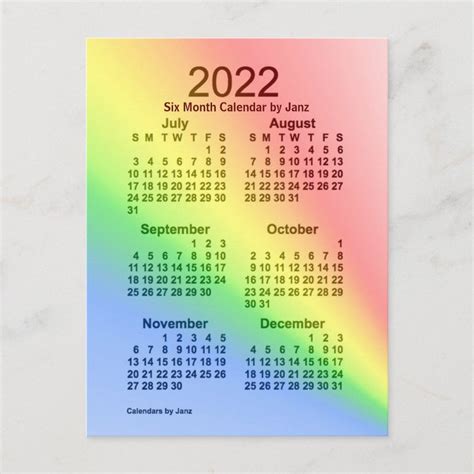 2022 Rainbow 6 Month Mini Calendar By Janz Postcard Zazzle In 2022