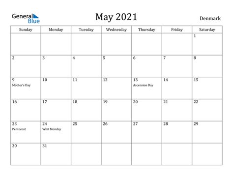 Denmark May 2021 Calendar With Holidays