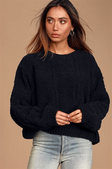 Cute Black Sweater Chenille Sweater Cable Knit Sweater Lulus