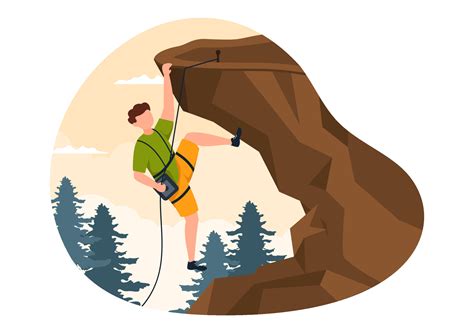 Mountain Rock Climbing Cartoon Illustration With Climber Climbs Wall Or