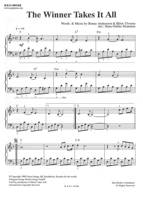Winner Takes It All Piano Sheet Music The Winner Takes It All Sheet Music Abba Pdf Download