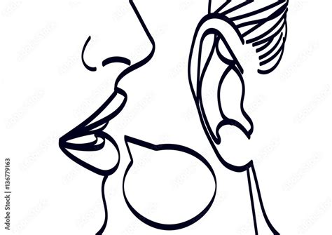 Woman Lips Whispering In Mans Ear Drawing Vector Illustration Stock