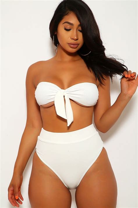 White Ribbed Bandeau High Waist Two Piece Swimsuit Swimsuits White