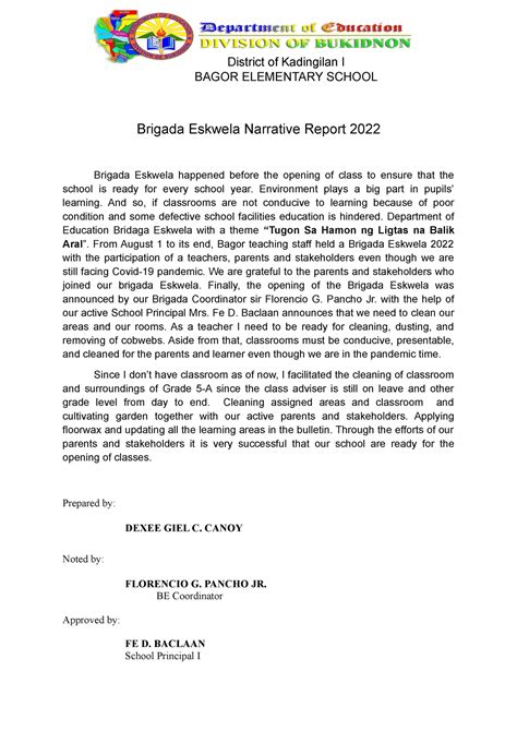 Brigada Report 22 Brigada Eskwela Narrative Report 2022 Brigada