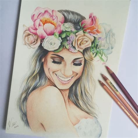 Flower Woman Flowerwrap Colored Pencils Drawing Romantic Wedding