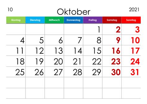Kalender Oktober 2021 Grosse Ziffern Im Querformat Kalendersu