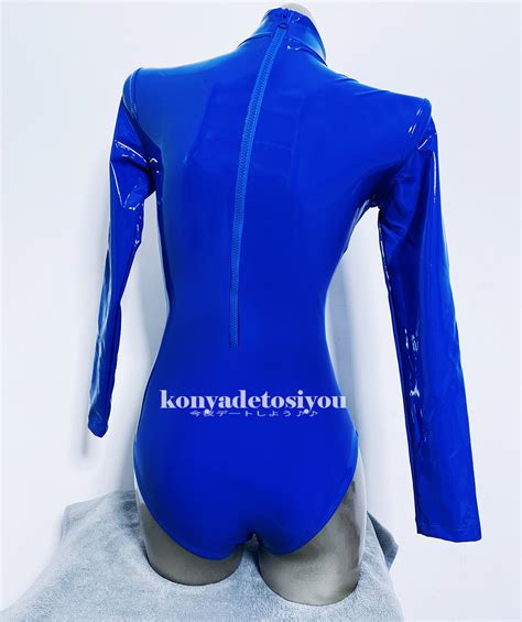 postage 210 jpy gn71 blue super lustre pvc raver made high leg leotard body suit cosplay rq race