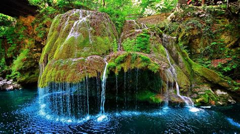 Waterfalls Between Algae Covered Rock In Forest Pouring On River Hd