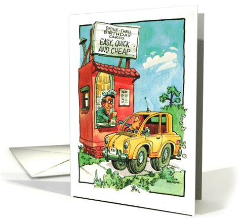 Maybe you would like to learn more about one of these? Cartoon woman in car purchasing birthday card at drive-thru stand card