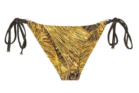 gold colour print brazilian bikini bottom with ring detail calcinha cortininha argola