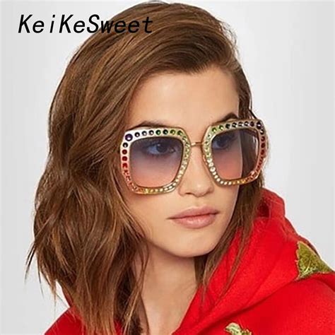 Keikesweet Luxury Brand Designer Big Crystal Oversized Women Sunglasses