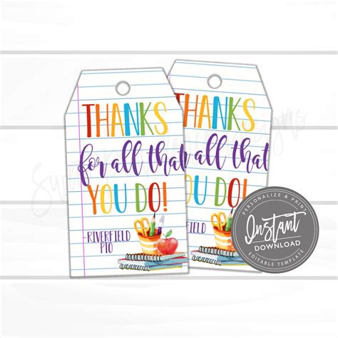 Teacher Appreciation T Tag Thank You Favor Tag Template Diy End Of