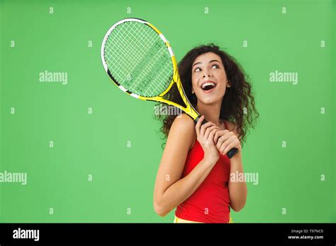 Image Of Attractive Female Tennis Player 20s Smiling And Holding Racket
