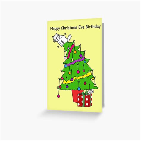 December 24th Birthday Cartoon Cat Christmas Tree Humor Greeting Card