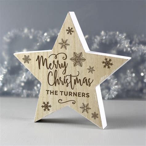 Personalised Merry Christmas Rustic Wooden Star Decoration T
