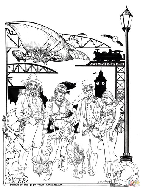 Steampunk Characters With A Dirigible Behind Coloring Page