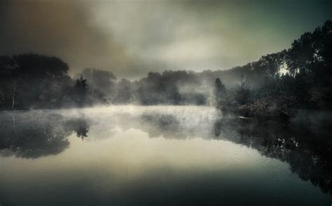 1230x768 Nature Landscape Lake Mist Clouds Trees Water Dark