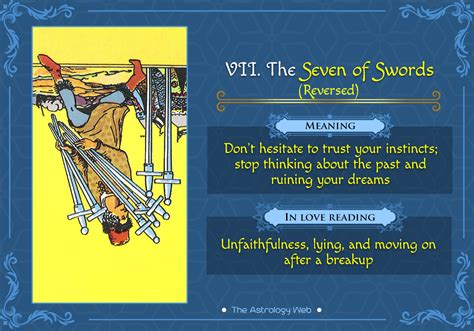 In a tarot spread, the seven of swords can be a sign that you (or someone else close to you) want to be a lone wolf. The Seven of Swords Tarot | The Astrology Web